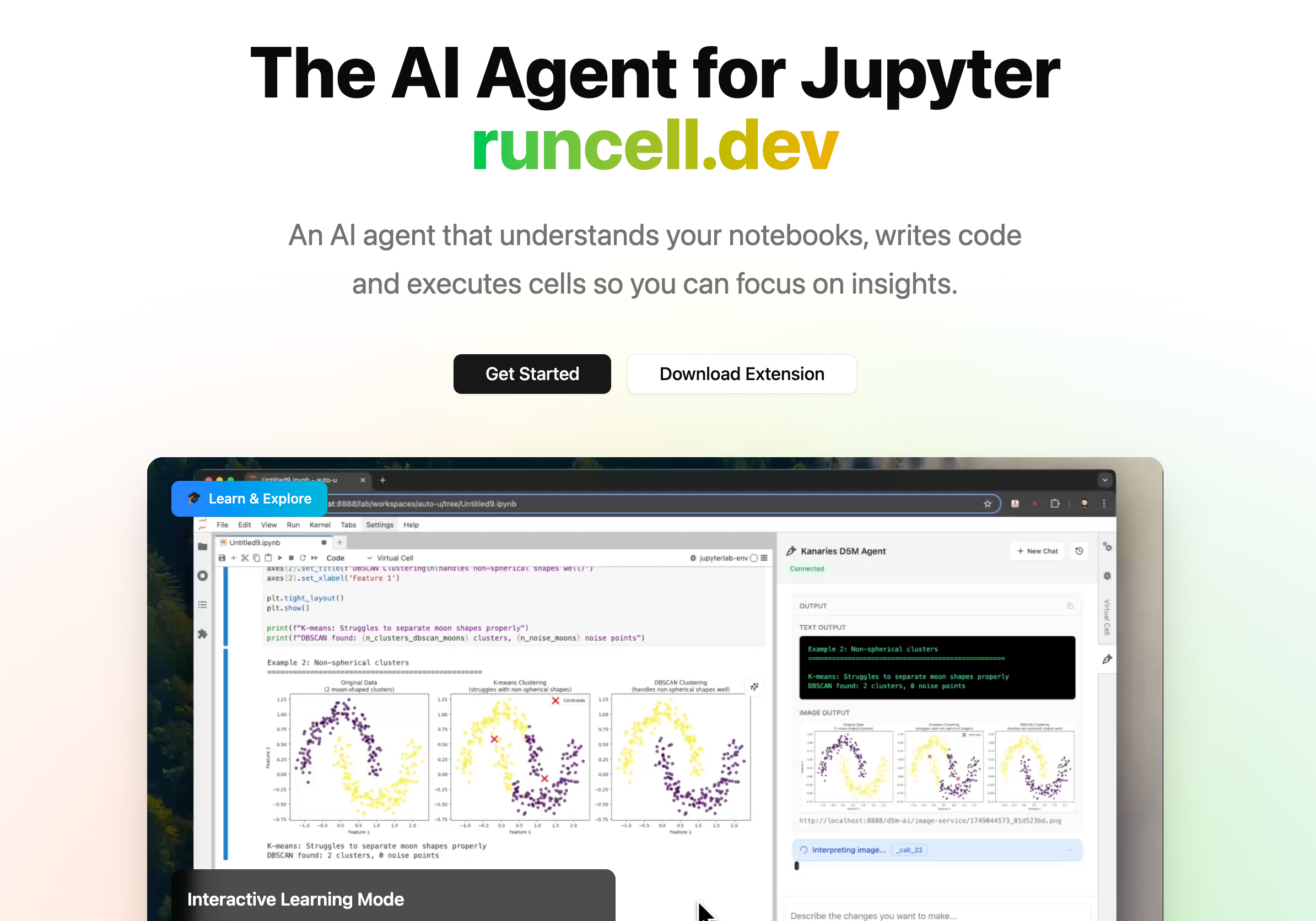 Runcell AI agent panel open inside a JupyterLab notebook, showing the chat interface alongside live notebook cells and outputs